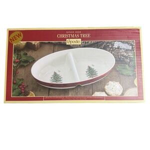 Spode Christmas Tree Tartan Plaid Oval Divided Server Serving Dish Plate 13" New